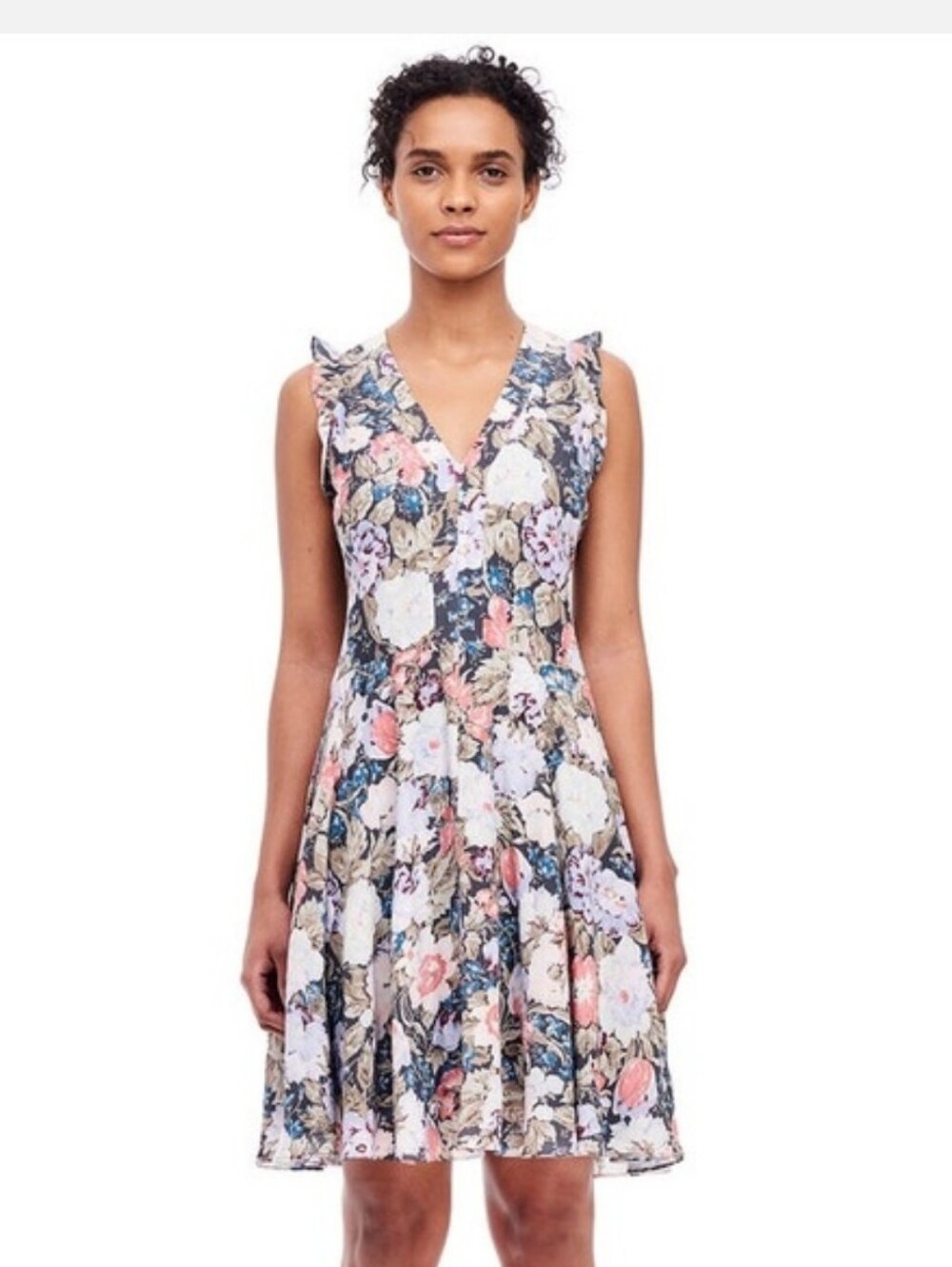 Rebecca Taylor Coral and Lavender Floral V-Neck Dress